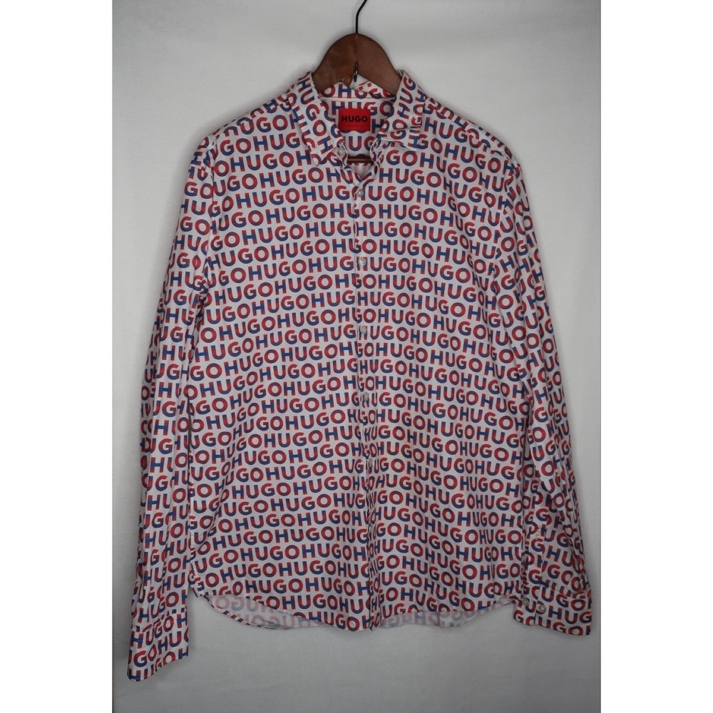 HUGO Boss Ermo Logo Print Slim Fit Button Up Shirt Men's XL Multicolored Cotton